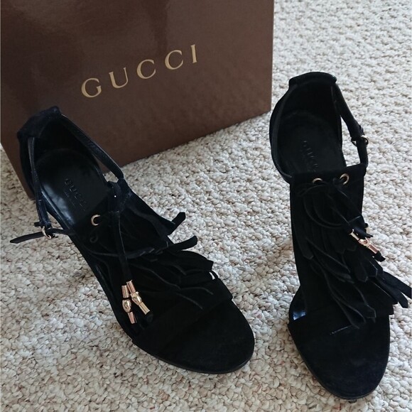 Gucci - Black suede fringe strap heels - Picture 1 of 13